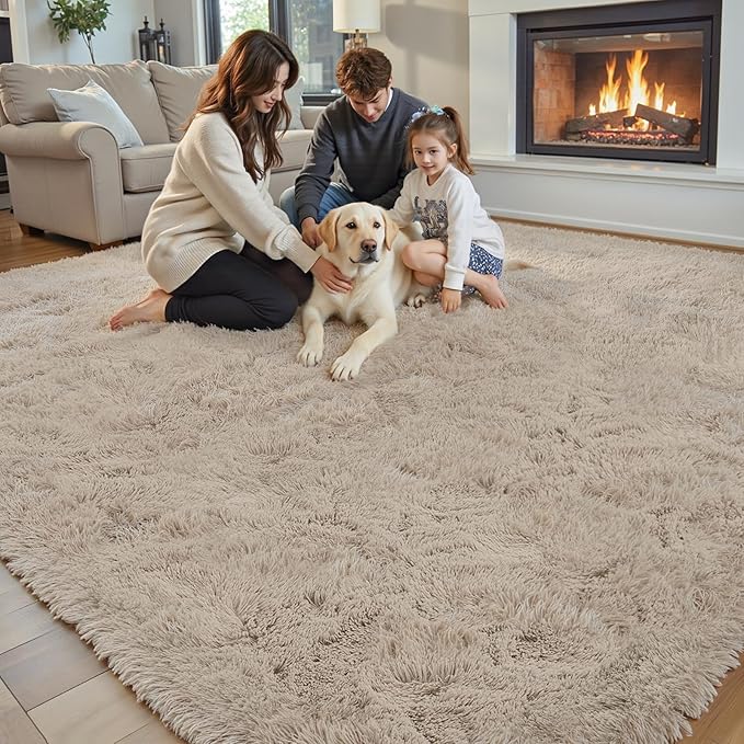 Area Rugs 10x14 Living Room, Shaggy Carpet Soft Plush Furry Bedside Rug Large Area Rugs for Bedroom Kids Girls Boys Home Decor Anti Slip(10 x 14, Beige)