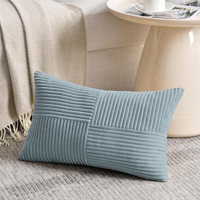 Fancy Homi 2 Packs Light Blue Lumbar Decorative Throw Pillow Covers 16x26 Inch for Living Room Couch Bed, Rustic Farmhouse Boho Home Decor, Soft Striped Corduroy Rectangle Accent Cushion Case 65x40 cm