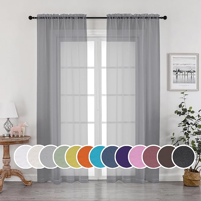 OWENIE Sheer Curtains 96 Inch Length, Elegant Sheer Curtains for Bedroom, Window Voile Sheer Curtain Panels/Drapes/Treatment for Living Room, 2Pcs, Each 42" W x 96" L, Charcoal Gray
