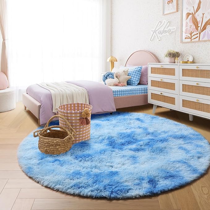 Amdrebio Tie-Dyed Light Blue Round Circle Rug 4Ft for Girls Bedroom, Soft Fluffy Cute Area Rugs for Kids, Boys Room Decor, Stitch Plush Shaggy Fuzzy Carpet for Baby Nursery Classroom Dorm Playroom