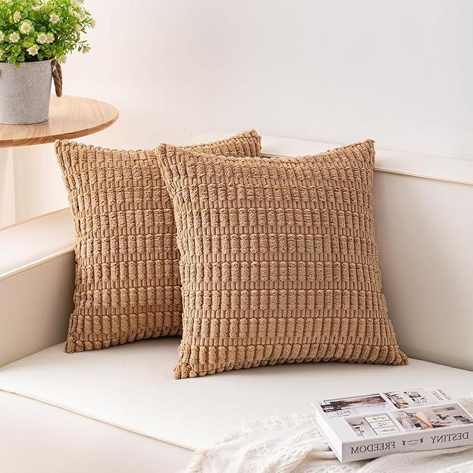 Pack of 2 Corduroy Decorative Throw Pillow Covers 18x18 InchSoft Boho Striped Pillow Covers Modern Farmhouse Home Decor for Sofa Living Room Couch Bed（Coffee）