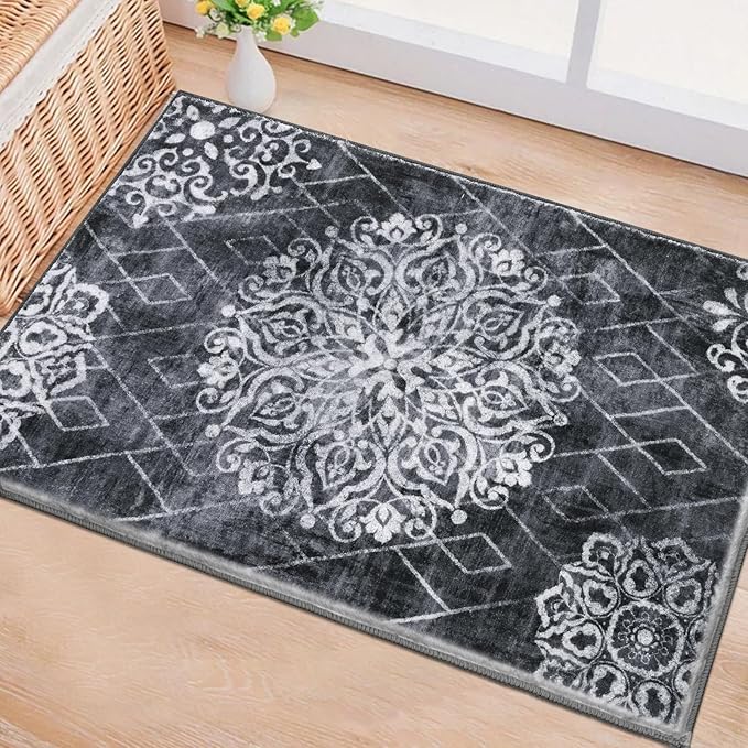 HEBE Washable Area Rug - 2'x3' Non Slip Soft Distressed Medallion Bedroom Boho Living Room Accent Throw Vintage Entry Floor Carpet for Dining Room Bathroom Entryway