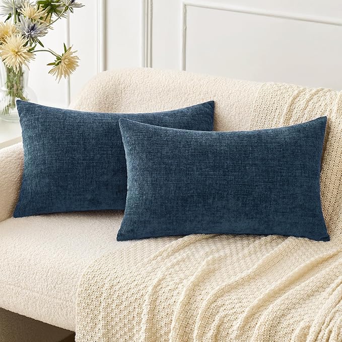 MIULEE Pack of 2 Blue Throw Pillow Covers 12x20 Inch Soft Chenille Lumbar Pillow Covers for Sofa Living Room Couch Solid Dyed Cases