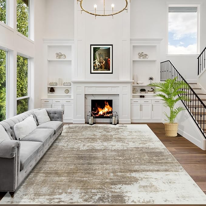 9x12 Area Rugs Washable Rug: Modern Abstract Living Room Rug Soft Anti-Skid Thin Carpet Indoor Floor Non-Shedding Carpets for Bedroom Dining Room Farmhouse Nursery Home Office Brown White