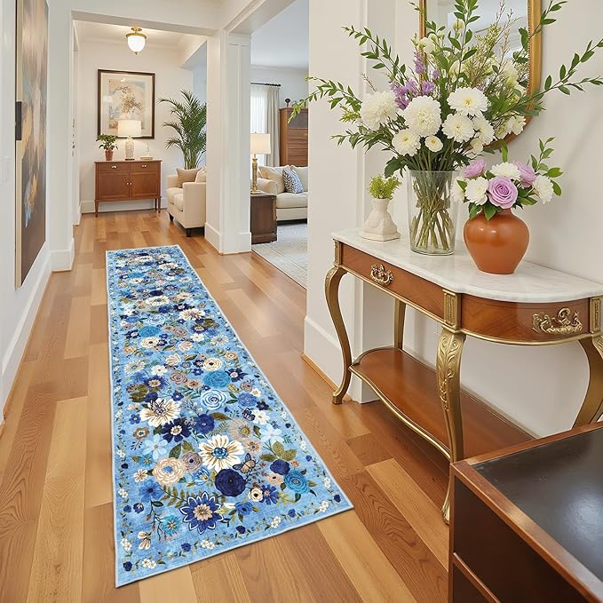 Rug for Hallways Kitchen Rug 2'6" x 14', Non Slip Washable Rugs with Rubber Backing Soft Floral Carpet Runner for Hallways, Kitchen, Laundry, Bedroom, Bathroom(2.6 x 14, Blue Garden)