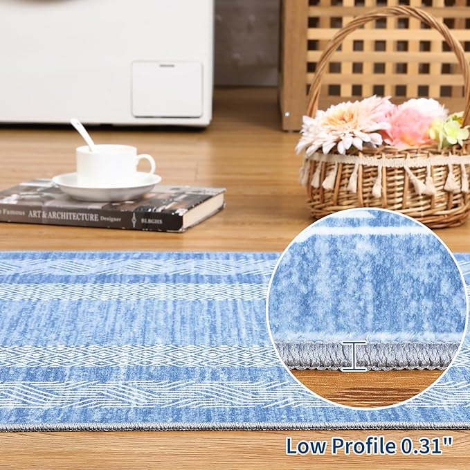 GarveeHome Modern Geometric Area Rug 2x3 Distressed Bordered Washable Non Slip Floor Small Carpet Non Shedding Thin Soft Low Pile Rug, Contemporary Gray Rug for Dining Room, Living Room Light Blue