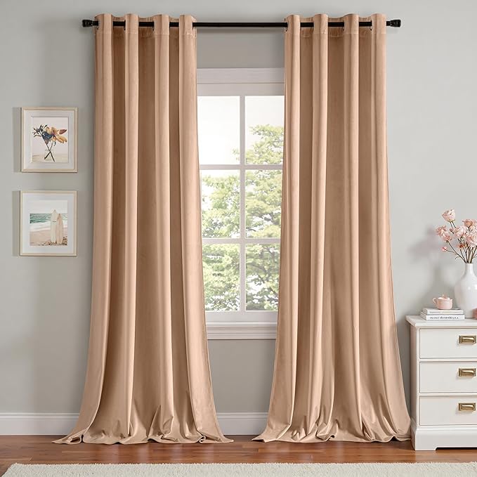 MIULEE Velvet Curtains Blush Beige Elegant Grommet Thermal Insulated Soundproof Room Darkening Curtains/Drapes for Classical Living Room Bedroom Decor 52 x 84 Inch Set of 2