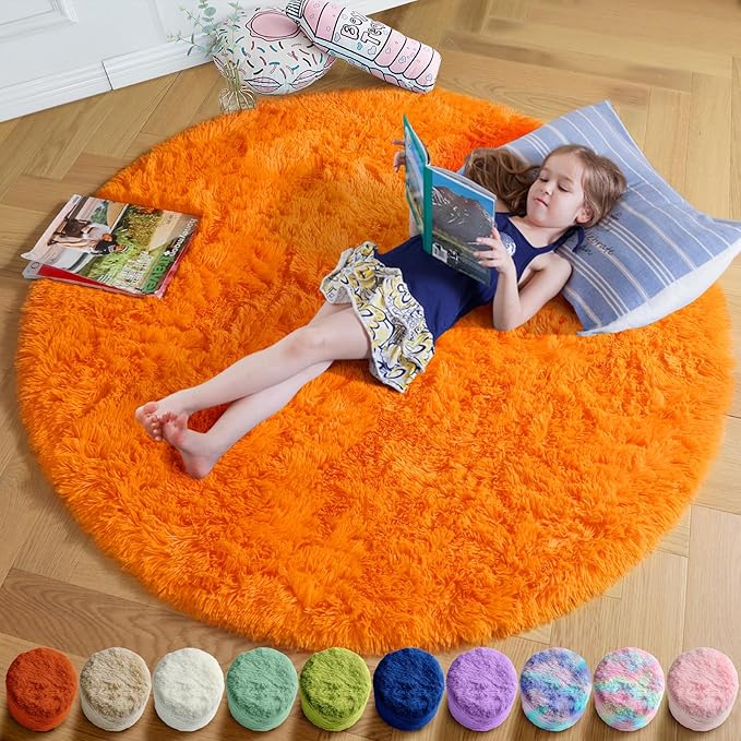 Amdrebio Orange Circle Round Rug 6Ft for Living Room Bedroom, Fluffy Furry Shag Area Rugs for Kids Room Decor Aesthetic, Cute Fuzzy Plush Shaggy Carpet for Baby Nursery Dorm Playroom, Teen Girls Boys
