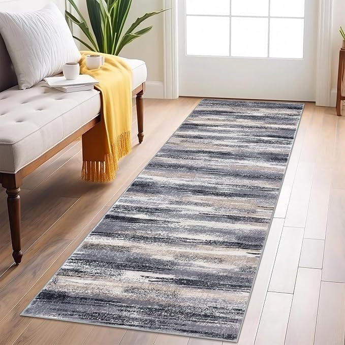 Lansny Modern Abstract Runner Rug 2x6, Grey Black Multi Washable Kitchen Runner Non-Slip Soft Hallway Rug Runner Thin Print Faux Wool Carpet for Entryway Bedroom Laundry Room Indoor