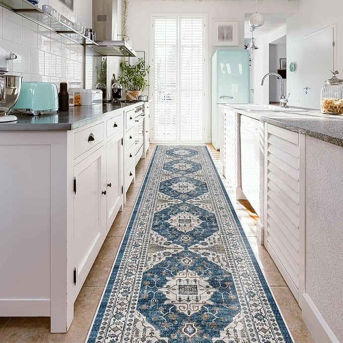 Hallway Washable Runner Rug - 2'6x14 Kitchen Rugs Entryway Rug Runner Vintage Soft Floor Mat Non Slip Indoor Farmhouse Carpet for Bathroom Living Room Bedroom (2'6''x14', Blue)