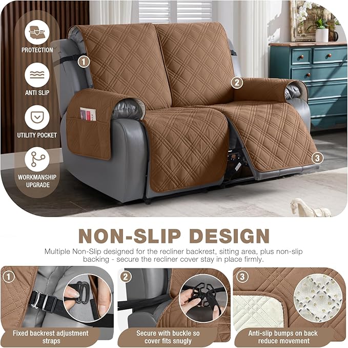 TAOCOCO 100% Waterproof Loveseat Recliner Cover, Non Slip Split Recliner Couch Cover with Elastic Straps, Washable Reclining Sofa Cover Furniture Protector for Kids, Pets(2 Seater, Brown)