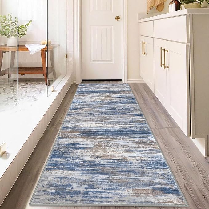 KOZYFLY 3x8 Ft Rug Modern Ombre Runner Rug for Hallway, Washable Kitchen Rugs Non-Slip Soft Striped Entryway Rug, Print Blue Rust Abstract Carpet for Laundry Nursery