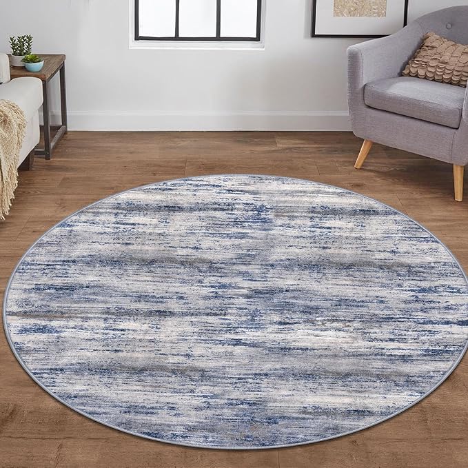 KOZYFLY Modern Abstract Round Washable Rug 5Ft, Non-Slip Soft Kitchen Bathroom Circle Rug, Grey-Blue Striped Entryway Rugs Abstract Faux Wool Doormat for Bedside Entrance Bedroom Sink
