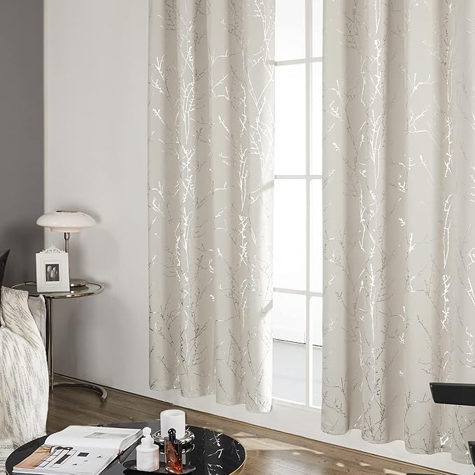 Deconovo Beige Blackout Curtains, Boho Farmhouse Curtain, Thermal Insulated Soundproof Drapes, Silver Branch Print, 52 x 84 Inch Long, Machine Washable Window Panels for Living Room Bedroom, Set of 2