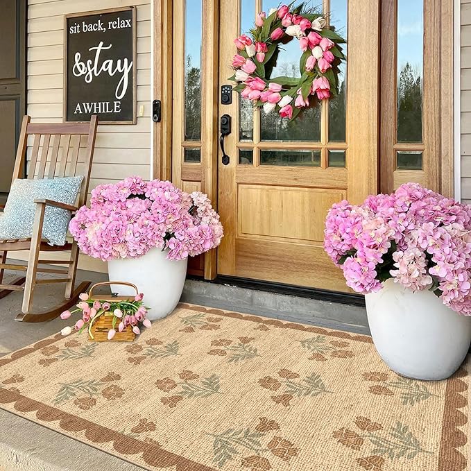 3x5 Floral Entry Rug - Small Washable Indoor Outdoor Mats for Front Door Non-Slip Jute-Look Porch Rug Boho Tan Scalloped Throw Rugs for Living Room Bedroom Entryway Kitchen Office Porch Decor