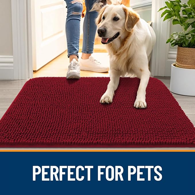 OLANLY Dog Door Mat for Muddy Paws 59x20, Absorbs Moisture and Dirt, Absorbent Non-Slip Washable Doormat, Quick Dry Chenille Mud Mat for Dogs, Entry Indoor Entryway Carpet for Inside Floor, Red