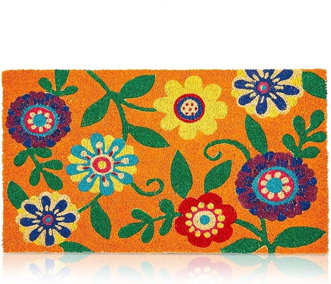 Juvale Floral Coir Door Mat - 17 x 30 in, Natural & Modern - Outdoor Welcome Mat for Front Door & Patio with PVC Backing