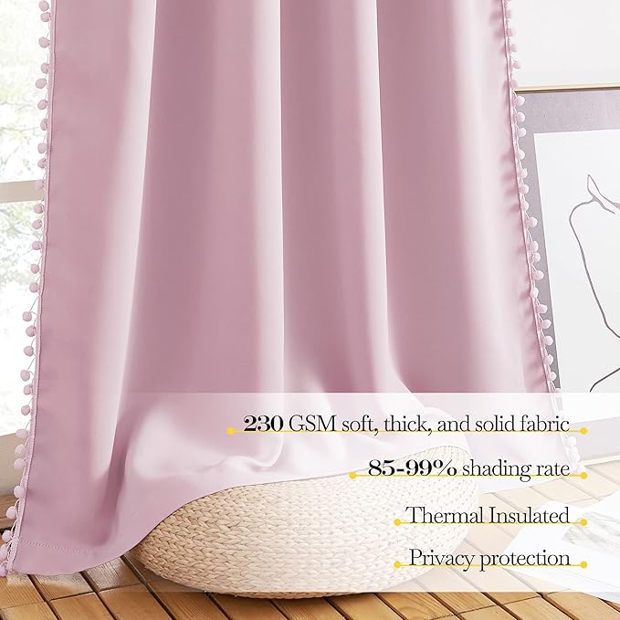 NICETOWN Pom Pom Blackout Curtains for Girls Bedroom Boho Pink Window Curtains for Nursery Rod Pocket Thermal Insulated Living Room Darkening Curtain Panels for Play Room, 52" W x 84" L, 2 Panels
