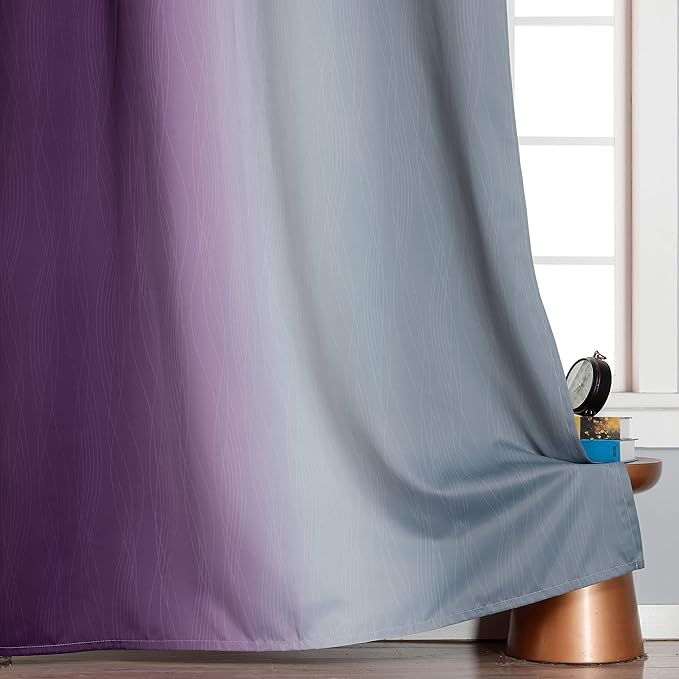 Estelar Textiler Ombre Grey and Purple Blackout Curtains 72 Inch Length 2 Panels, Full Room Darkening Curtains for Living Room, Grommet Thermal Insulated Gradient Drapes for Bedroom, 52x72 Inch