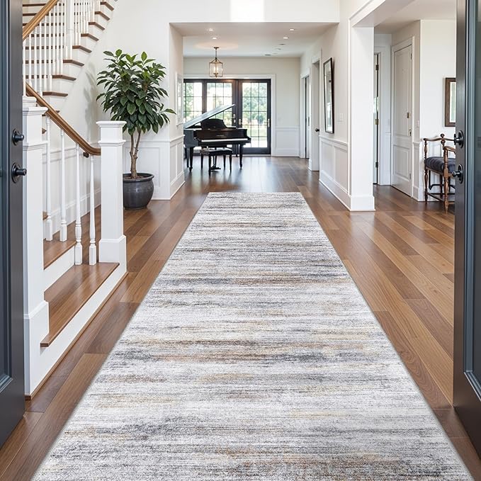 5x12 Runner Rug for Wide Hallway: Long Washable Runners for Entryway Living Room Dining Room - Stain and Water Resistant Rugs with Non-Slip Backing - Soft Low-Pile Carpet Beige Grey