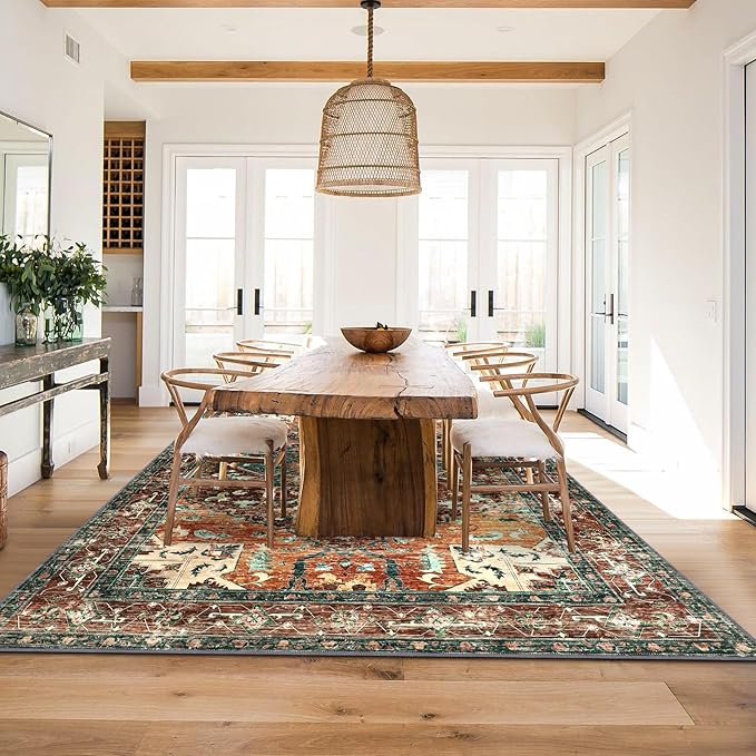 Yamaziot Area Rug 5x7, Non-Slip Washable Boho Vintage Living Room Bedroom Rug with Rubber Backing, Low Pile Faux Wool Soft Distressed Rug Floor Carpet for Living Room, Bedroom