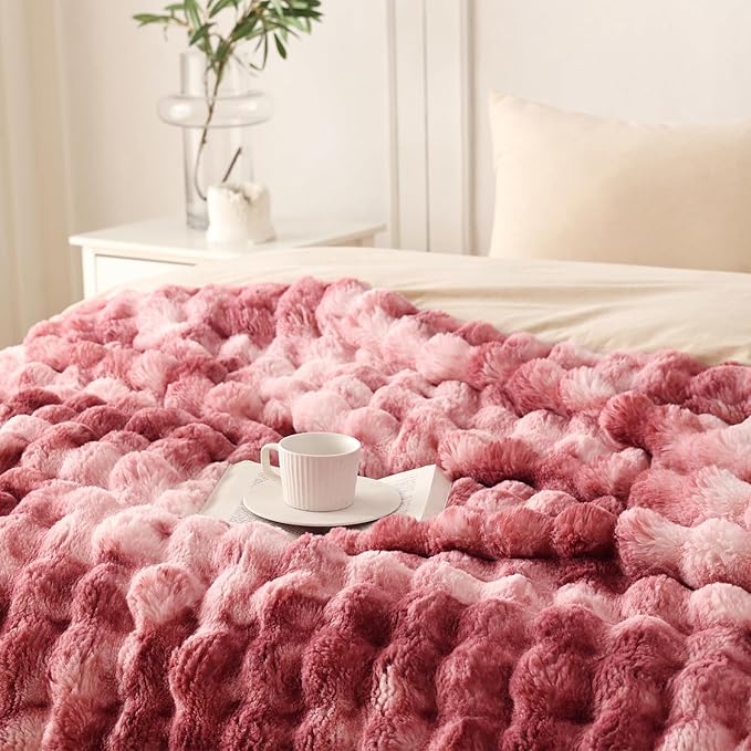 COOVA Faux Fur Throw Blanket for Couch, Cozy Soft and Fuzzy Plush Rabbit Fur Bubble Blanket for Sofa Bedroom Living Room, 60x80 Inches Tie Dye Magenta