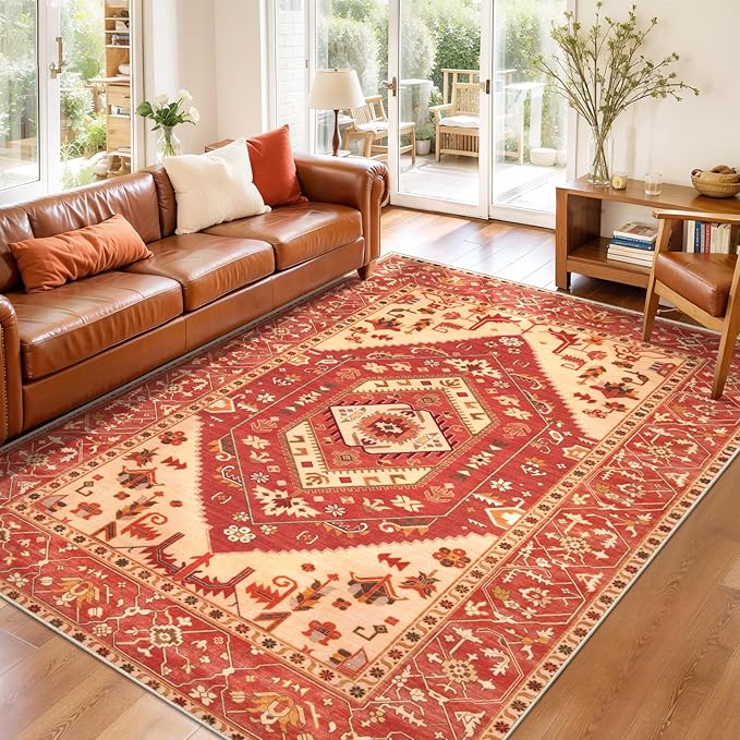 SERISSA Area Rug 3x5 Boho Rugs for Bedroom, Washable Non-Slip Living Room Rug, Ultra Soft Print Distressed Vintage Red Rug Low-Pile Throw Carpet for Entry Kitchen Bedroom Nursery Dorm Decor