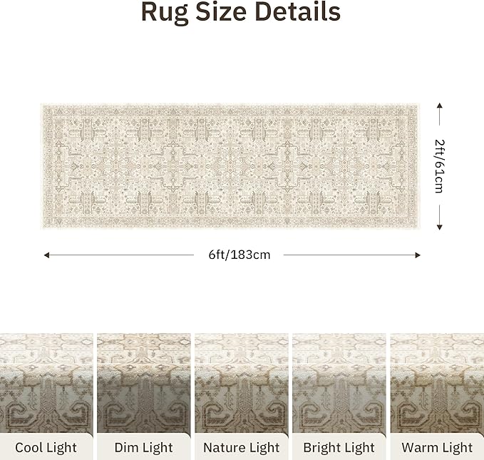 2x6 Hallway Washable Runner Rug - Soft Non Slip Vintage Rugs for Entryway Low-Pile Farmhouse Neutral Kitchen Runners Living Room Floor Mat Stain Resistant Distressed Carpet for Bedroom Bathroom Beige