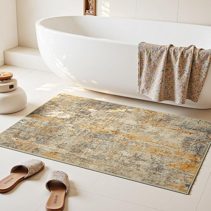 Entrance Rugs Indoor 2x3 Beige Entry Rug Washable Abstract Small Area Rug Non-Slip Low Pile Light Tan Throw Rugs for Entryway, Kitchen Floor, Front Door Indoor Door Mat, Bedroom Bedside