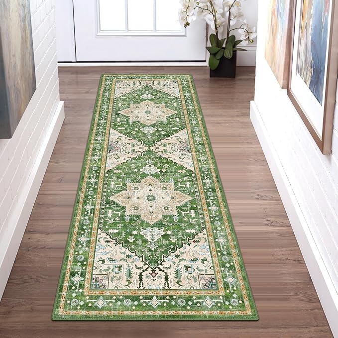 Yamaziot Washable Runner Rug, 2x6 Non-Slip Boho Vintage Hallway Rug Runner with Rubber Backing, Stain Resistant & Low Pile Faux Wool Distressed Carpet Runner for Kitchen, Laundry, Entrance, Green