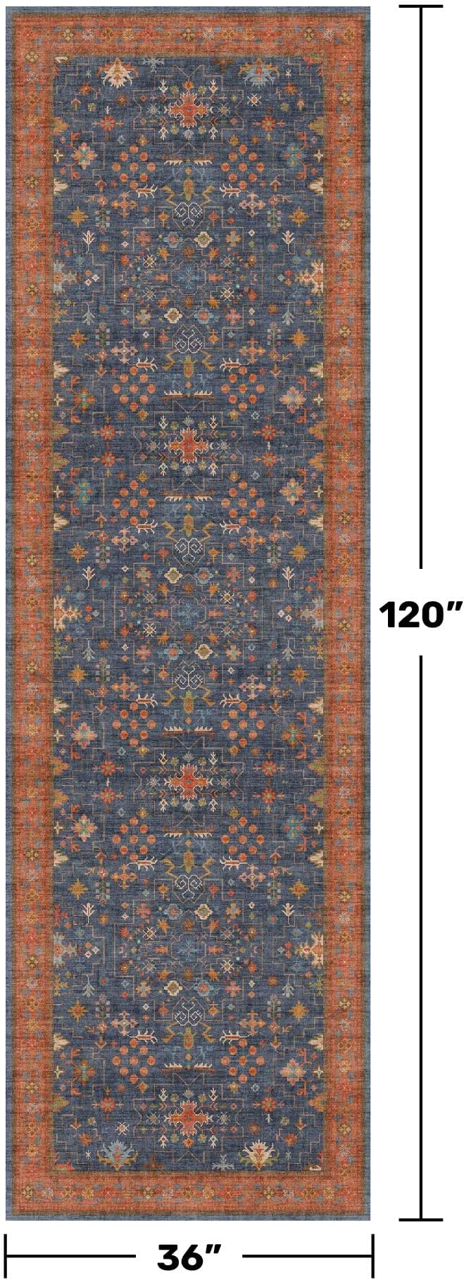Washable 10 ft Long Runner for Hallway - Navy Blue Kitchen Floor Runner Rug, Pet Friendly Waterproof Non Slip with Rubber Backing, Stain Resistant Laundry Room Rug (3x10 Navy Blue & Terracotta)