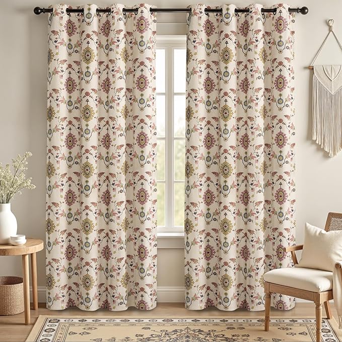 Boho Floral Blackout Curtains for Living Room, Beige Linen Textured Drapes with Colorful Bohemian Print 84 Inches Long 2 Panels Set Vintage Farmhouse Rustic Window Curtains Grommet Top