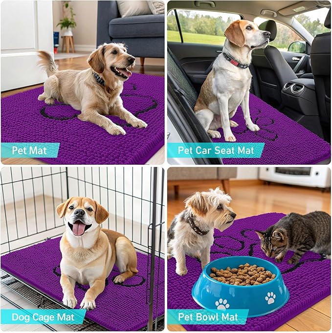 OLANLY Dog Door Mat for Muddy Paws 30x20, Paw Print Design, Absorbs Moisture and Dirt, Absorbent Non-Slip Washable Doormat, Quick Dry Chenille Mud Mat for Dogs, Entry Indoor Entryway Carpet, Purple