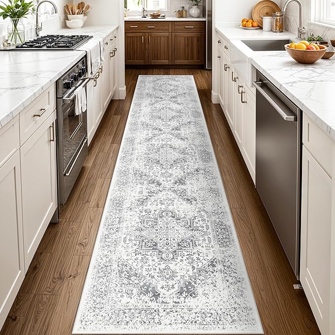 Washable 2'6''x12' Runner Rug - Non-Slip Vintage Runner Rug for Entryway Low-Pile Medallion Long Rugs for Hallway Waterproof Traditional Runner Rugs Indoor Thin Rug for Kitchen Grey