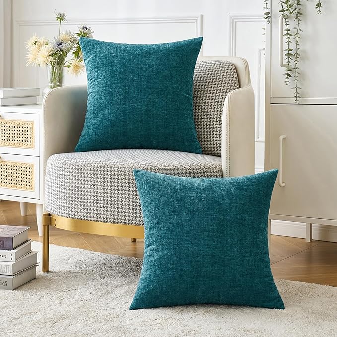 MIULEE Pack of 2 Dark Teal Throw Pillow Covers 18x18 Inch Soft Chenille Pillow Covers for Sofa Living Room Couch Solid Dyed Cases