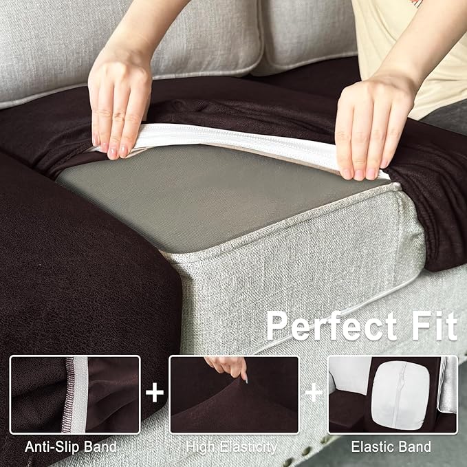 Leather Look Couch Cushion Covers Sofa Seat Slipcovers Sets Couches Furniture Protector for Sectional Armchair Loveseat Pets Kids Stretch Spandex Fabric (1 Cushion XL Sofa, Chocolate)