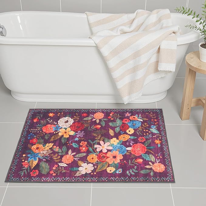Area Rugs 24x17 Inch Home Decor Entry Rug, Small Door Mat Bath Mats for Bathroom, Ultra-Thin Non Slip Floral Low Pile Tub Mat for Sink Shower Doorway Tub Kitchen Sink(2 x 1.4 ft, Purple)