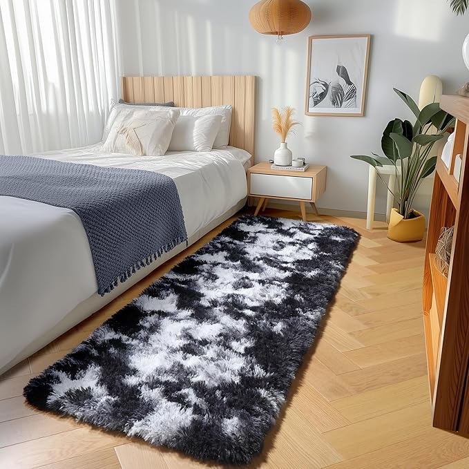 ONASAR Runner Rugs for Bedroom Living Room, Fluffy Black and White 2x6 Bedside Hallway Area Rug, Ultra Soft Plush Furry Faux Fur Non Slip Floor Carpet for Nursery Kids Dorm Closet Home Decor