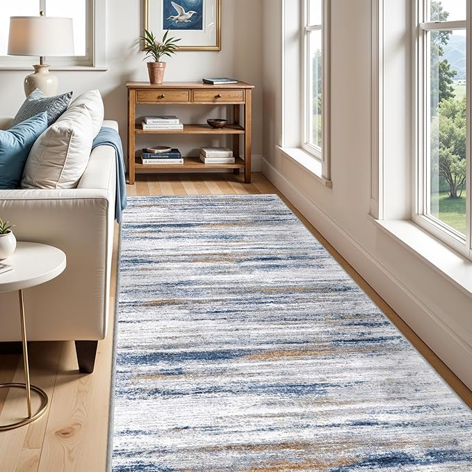 4x8 Wide Washable Runner Rug: Easy-to-Clean Runners for Hallway Entryway Kitchen Bedroom Living Room - Stain and Water Resistant Rugs with Non-Slip Backing - Soft Low-Pile Carpet Navy Grey