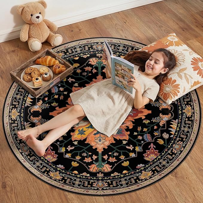 Area Rugs 4ft Washable Non-Slip, Floral Vintage Distress Print Pattern Medallion Carpet for Living Room Bedroom Dining Room, Black Colorful Floral Dark Tan