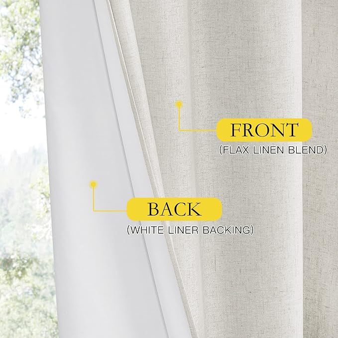 NICETOWN 100% Absolutely Blackout Linen Curtains with Thermal Insulated White Liner, Ivory, W52, 2 Pieces, Noise Reducing Textured Linen Look Curtains for Windows 102 inch Length for Classroom