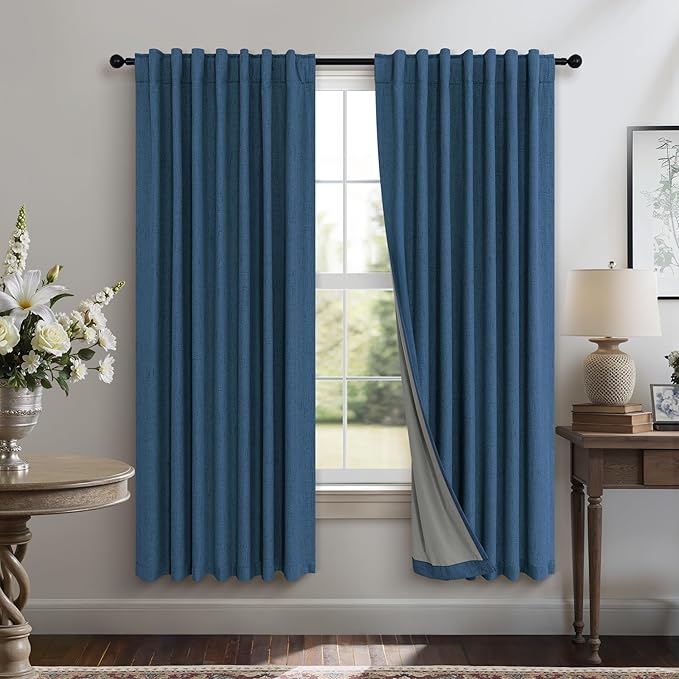 Navy Blue Black Out Curtains 63 Inch Long 2 Panel Burg Linen Textured Thermal Insulated Total Blackout Window Shades Soundproof Dark Out Curtain for Living Room Kids Children Boy Bedroom 63 Length