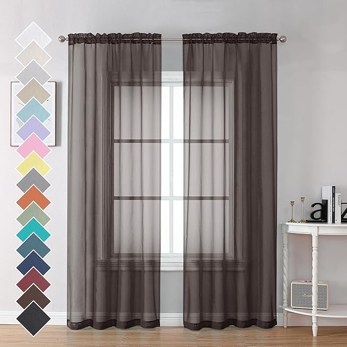 OVZME Chocolate Brown Sheer Curtains 84 Inches Long 2 Panels, Light Filtering Sheer Curtains for Living Room Bedroom, Rod Pocket Sheer Brown Drapes Window Treatments, Each 42Wx84L