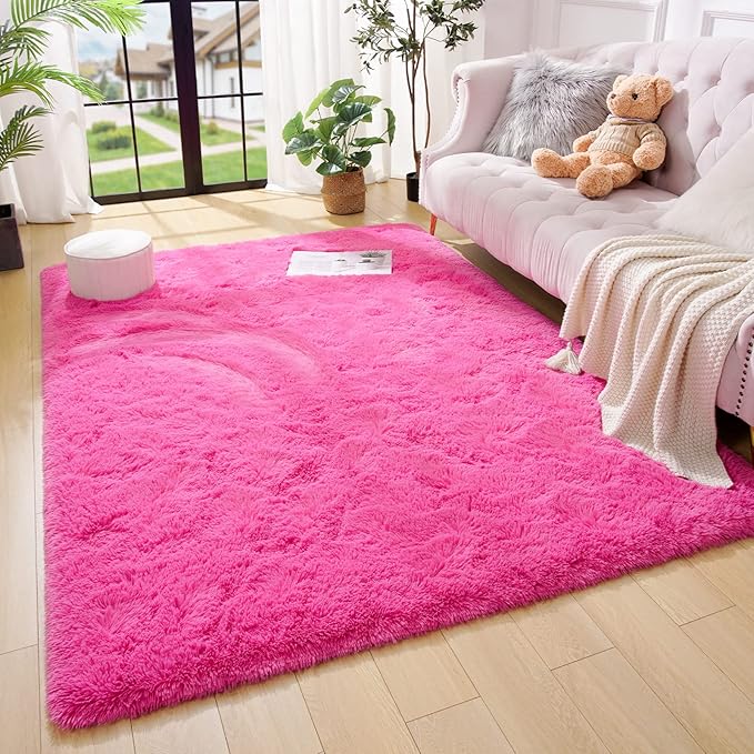 Amearea Premium Soft Area Rug 4x5.3 Feet, Pink Rugs for Living Room, Fluffy Carpet for Bedroom Nursery Playroom Teen Bedside Home Decor, Comfortable Indoor Furry Dorm Carpets, Hot Pink