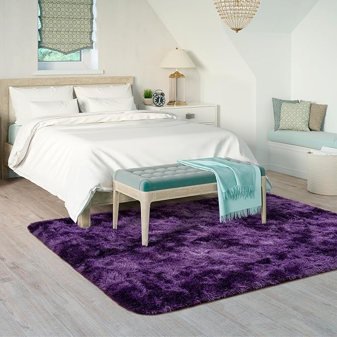 Goideal Fluffy Rug for Bedroom Living Room, 7x10 Purple Area Rugs, Faux Fur Shag Modern Carpet Ultra Soft Girls Boys Room Home Decor, Tie-Dyed