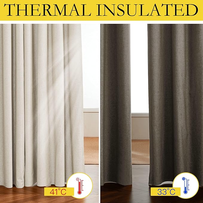 NICETOWN 100% Absolutely Blackout Linen Curtains with Thermal Insulated White Liner, Beige, W62, 2 Pieces, Noise Reducing Textured Linen Look Curtains for Windows 120 inch Length for Classroom