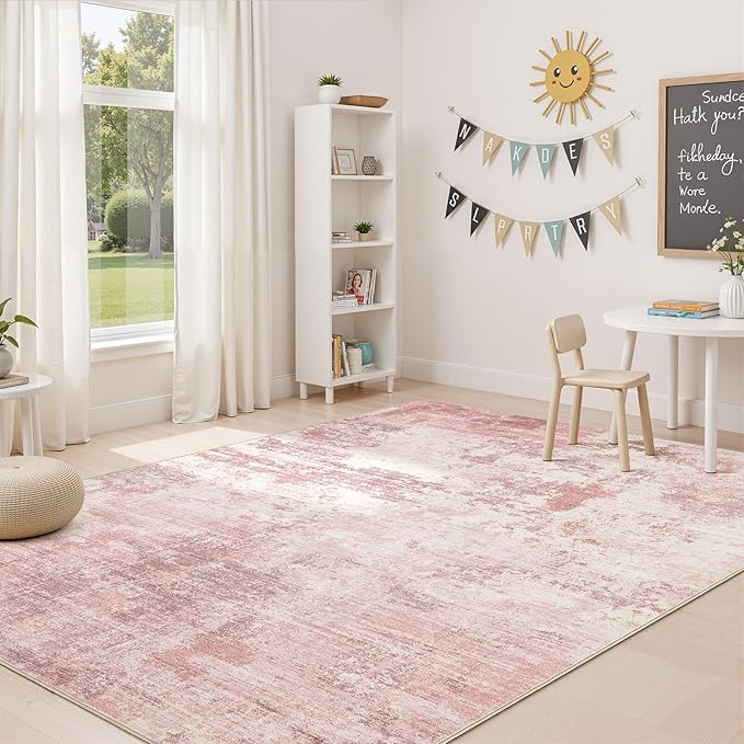 UERMEI 5x7 Area Rug Living Room Rugs Thickened - Washable Neutral Modern Abstract Soft Rug Indoor Floor No Slip Rug Carpet for Bedroom Under Dining Table Home Office Decor - Pink