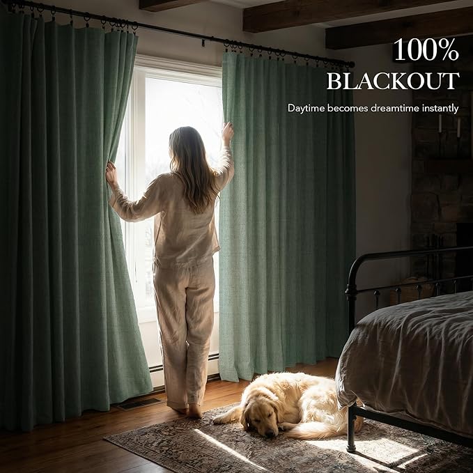 RYB HOME Sage Green 100% Blackout Curtains 90 inches Long, Thermal Insulated Linen Texture Drapes for Bedroom/Living Room, Elegant Farmhouse Curtains Back Tab&Rod Pocket, W52xL90, 2 Panels