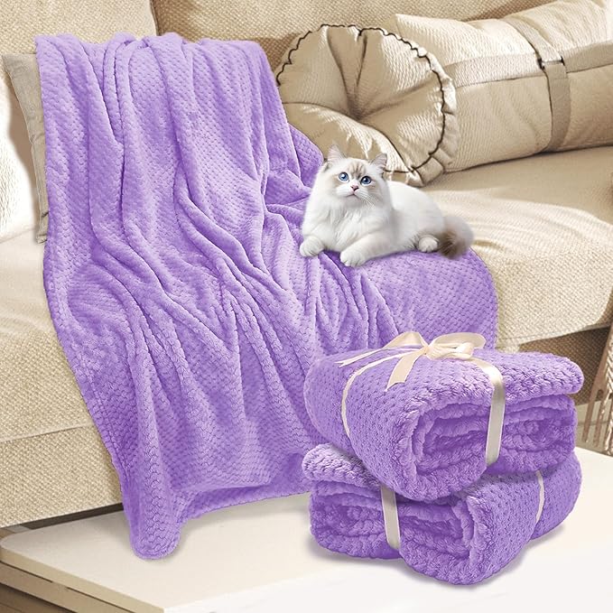 4 Pack Fleece Throw Blankets 50x60 Inches - Oeko-Tex Certified 100, 270 GSM Ultra Soft Plush for Bed, Couch and Cozy Gifts. 3D Waffle Texture, No Shedding No Pilling All Season (Lavender)