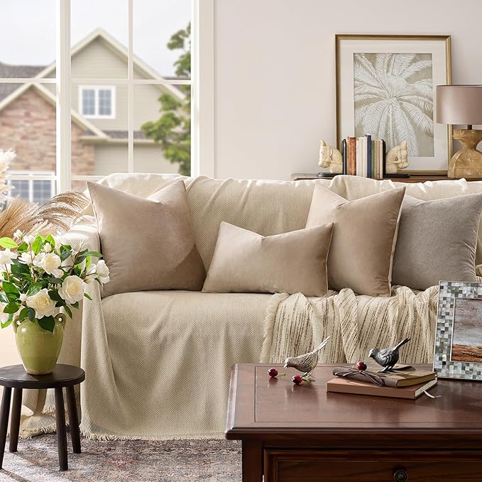 GIGIZAZA Decorative Throw Pillow Covers 16x16,Set of 2 Taupe Square Couch Pillow Covers,Velvet Sofa Boho Cushion Pillows